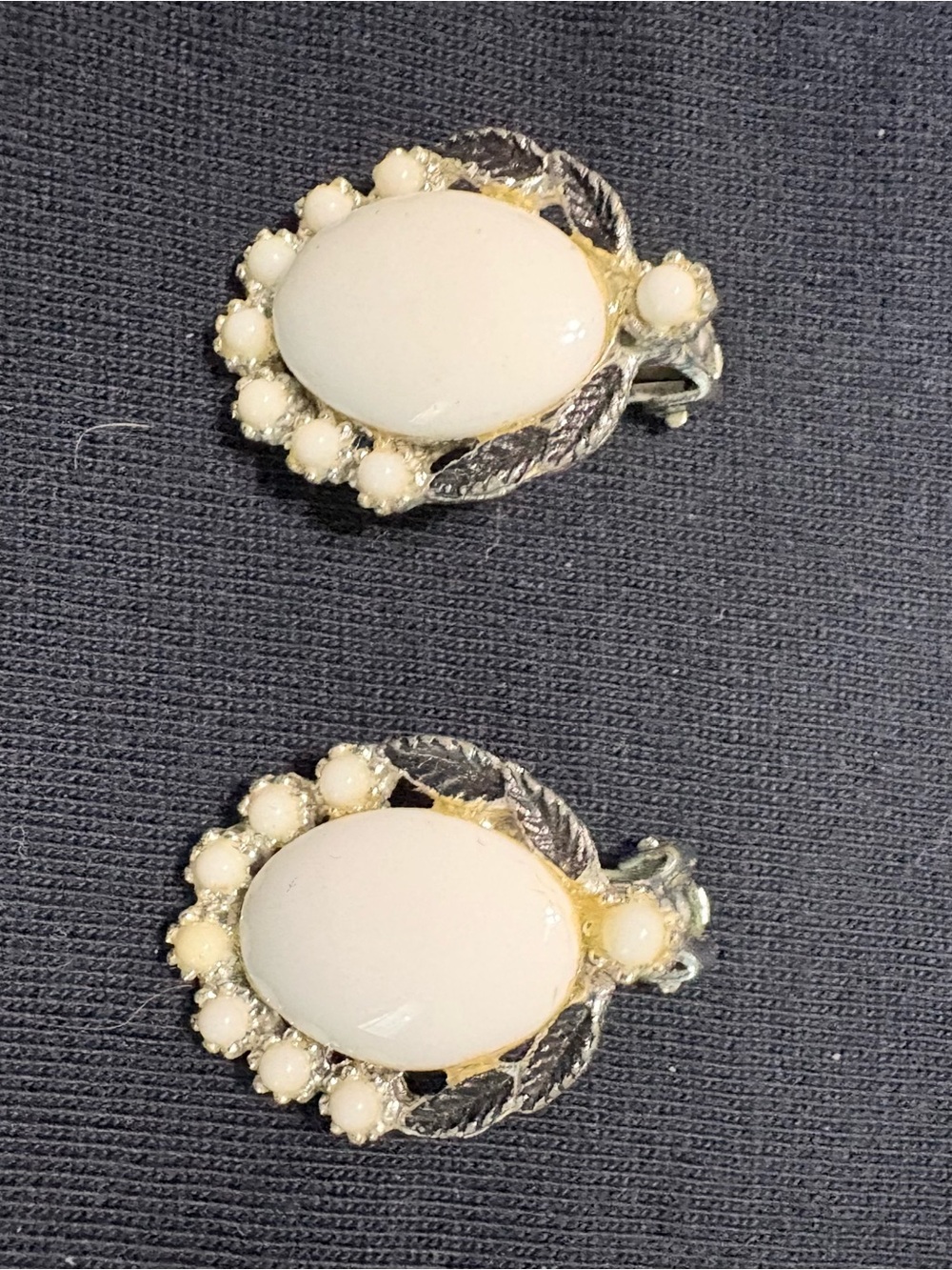 Vintage White Cabochon Clip On Earrings Silver Tone Leaf Floral Cluster